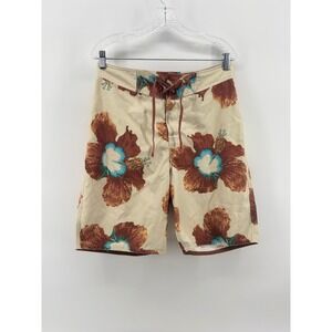 BKE Mens Hibiscus Floral Board Shorts Tan Brown Swim Trunks Size 31 RN105706